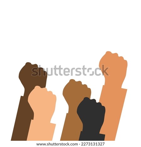 Raised hands. A group of people of different races raised their fists as a symbol of unity, protest, strength or victory, success. The concept of unity, revolution, struggle, cooperation. Vector Royalty-Free Stock Photo #2273131327