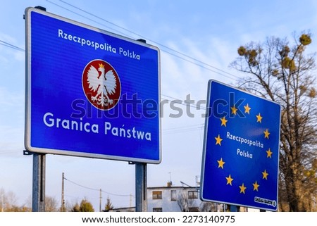 Republic of Poland border sign with Polish inscription Republic of Poland, state border.