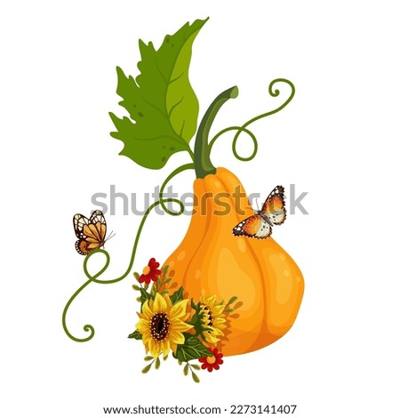 Ripe pumpkins with sunflower flowers, autumn leaves.Vector graphics.