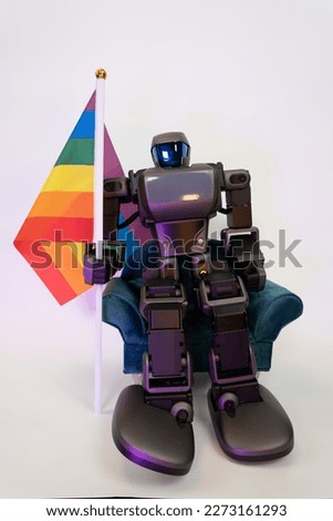 The robot shows gay pride flag on a white background and flirty pose