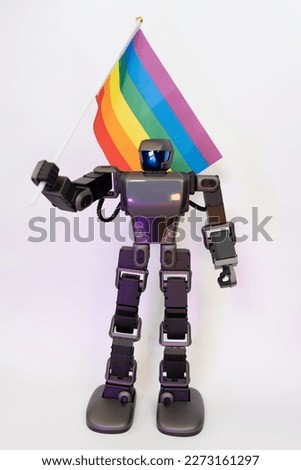 The robot shows gay pride flag on a white background and flirty pose