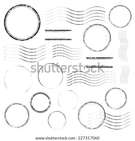 Set of postal stamps and postmarks, black isolated on white background, vector illustration. Royalty-Free Stock Photo #227317060