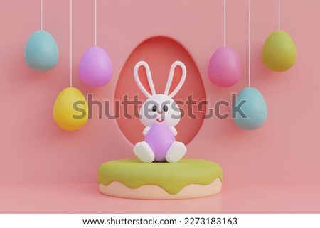 Happy Easter day. Colorful easter eggs with cute bunny. International Spring Celebration. 3d rendering.
