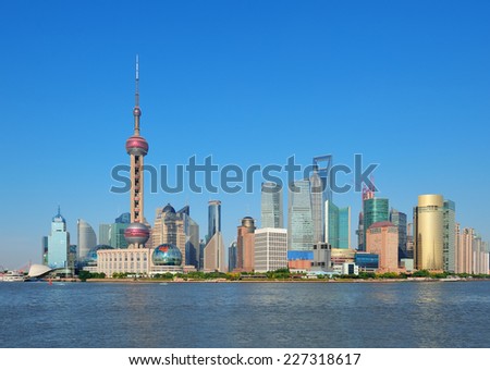 Shanghai skyline with skyscrapers and blue clear sky over Huangpu River.