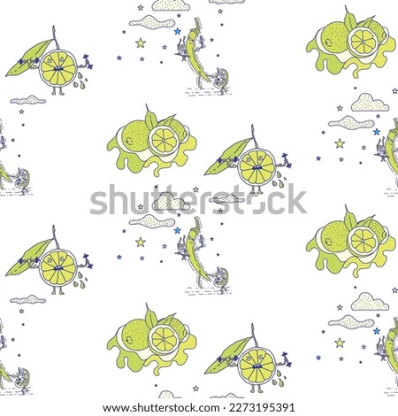 Funny characters and mascots of lemon, lime and chili, vector illustration. Funny drawing pattern of citrus fruits and peaks.