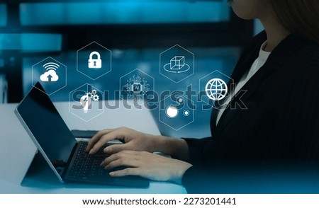 Businesswoman using notebook computer connecting with digital virtual big data, global and cloud data, idea and manage. Future technology.