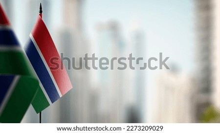 Small flags of the Gambia on an abstract blurry background.