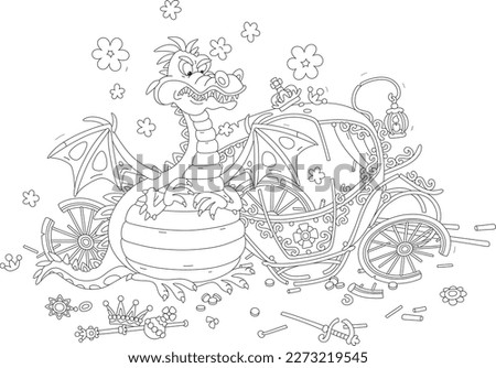Angry hungry fire-breathing dragon with clouds of smoke ate an unlucky king of a fairytale kingdom and broke his golden carriage, black and white vector cartoon illustration for a coloring book