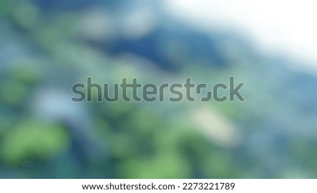 Black rock as foreground object in shallow depth of field focus with tropical rain forest jungle full of trees and leaves as blurred bokeh background. Stone with most and blurry spring leaves.