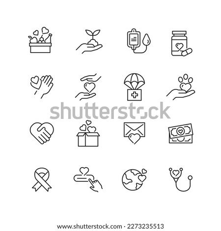 Charity Icons Pack thin line vector icons with editable strokes. Royalty-Free Stock Photo #2273235513