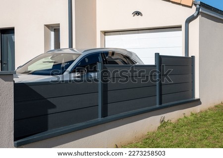 wall design fence grey aluminium modern barrier gray around house protect view facade home garden protection Royalty-Free Stock Photo #2273258503