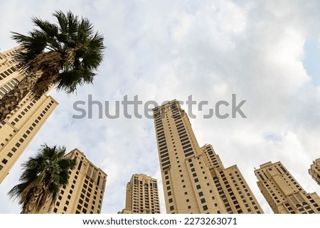 The wide-angle view of Dubai's modern architecture, alongside palm trees