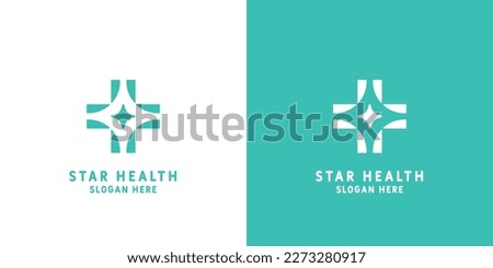 Health star logo design illustration. Silhouette of symbol combination plus star medical cross. Modern design suitable for health wellness hospital doctor nurse web app icon. star health logo icon.