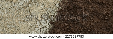 Dry cracked ground and fertile soil, banner design Royalty-Free Stock Photo #2273289783