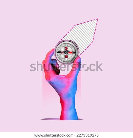 Compass in a humans hand. Business development in the right direction. Art collage.