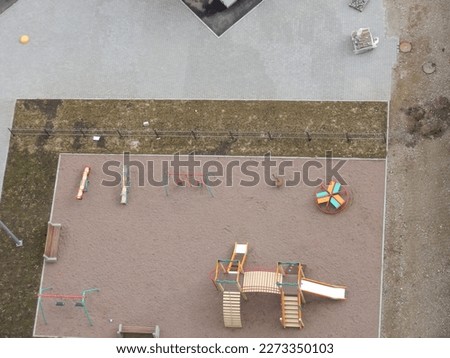 KYIV, UKRAINE - March 9, 2023: Top view of a multi-storey residential building on a the ground