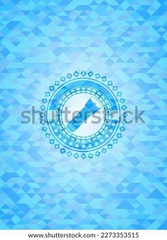 flashlight icon inside light blue emblem with mosaic ecological style background. 