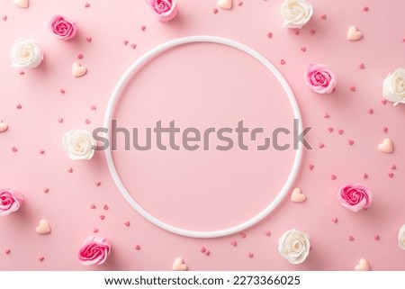 Mother's Day concept. Top view photo of empty circle small roses hearts and sprinkles on isolated pastel pink background with copyspace