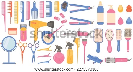 Vector cartoon set with hairdressing tools for a beauty salon. The concept of self-care and beauty services. Cute elements for your design Royalty-Free Stock Photo #2273370101