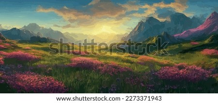 Panorama View of Spring Village with Green Meadow on Hills with Blue Sky, Vector Cartoon Spring or Summer Landscape, Panoramic Landscape Mountains with Wildflowers Wildflowers. spring background Royalty-Free Stock Photo #2273371943