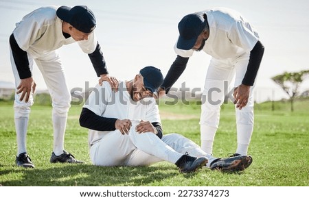 Baseball, team help and man with injury on field after accident, fall or workout in match. Sports, training and male player with fibromyalgia, inflammation pain or broken knee with friends helping.