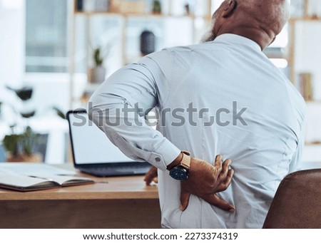 Back, pain and business stress of black man with muscle injury, health risk and fatigue in chair. Uncomfortable employee with spine problem, bad posture and injured body from anxiety, burnout or sick Royalty-Free Stock Photo #2273374319