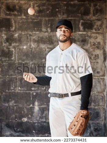 Baseball, sports and portrait of man with ball on wall background ready for game, match and practice. Softball mockup, motivation and male player in dugout for training, exercise and competition