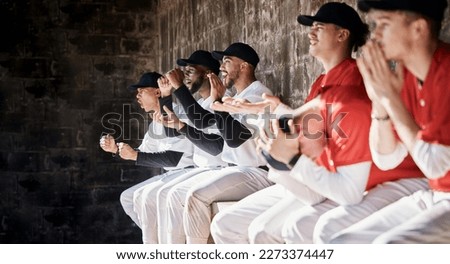 Happy baseball winner, sport or team in celebration of fun game victory, competition success or goals together. Winning homerun, sad loss or softball players excited for teamwork in dugout by losers