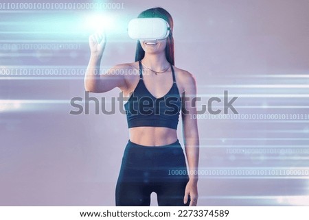 Cyber light, vr or woman in metaverse on studio background digital gaming on cyber sports for fitness. Smile, hand touch or virtual reality user or girl gamer in futuristic 3d ai scifi experience