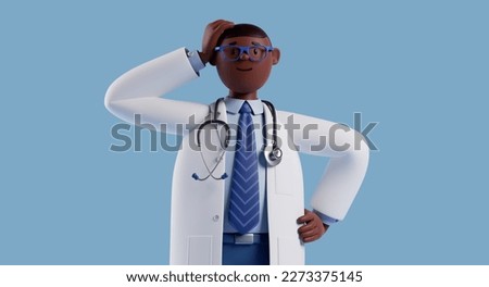 3d render, african cartoon character male doctor confused. Man with dark skin touches head and looks at camera. Thinking and solving problem. Medical clip art isolated on blue background