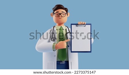3d render, caucasian male doctor wears glasses and holds blue clipboard with blank document. Medical clip art isolated on blue background. Health insurance. Professional therapist, hospital assistant