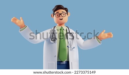 3d render, cartoon character smart trustworthy doctor wears glasses and shows inviting gesture. Happy professional caucasian male specialist. Medical presentation clip art isolated on blue background