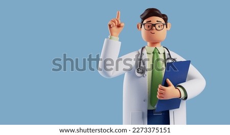 3d render, cartoon character doctor shows finger up. Cute man wears glasses. Medical clip art isolated on blue background. Idea concept. Health care recommendation metaphor
