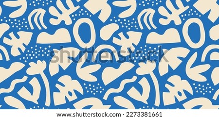 Abstract matisse inspired seamless pattern with colorful freehand doodles. Organic flat cartoon background, simple random shapes in bright childish colors.  Royalty-Free Stock Photo #2273381661