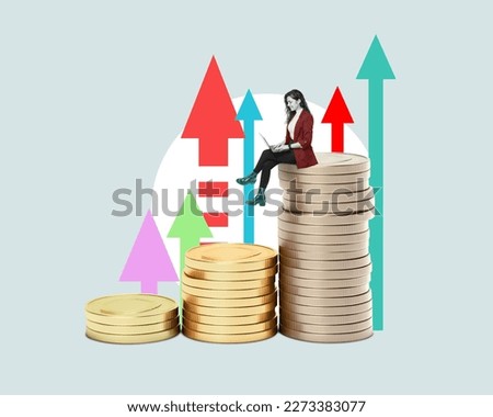 Businesswoman with laptop on a stack of money and rising arrows up on color background. Success Concept. Art collage. 