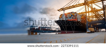 crane loading cargo container import container ship in the international terminal logistic sea port concept freight shipping by ship, Truck running in port under the Big Crane transport trade Royalty-Free Stock Photo #2273391111