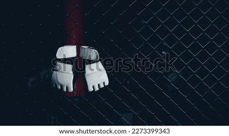 White Gloves for MMA Boxers fighter hang on ring octagon black wall. Concept sport banner. Royalty-Free Stock Photo #2273399343