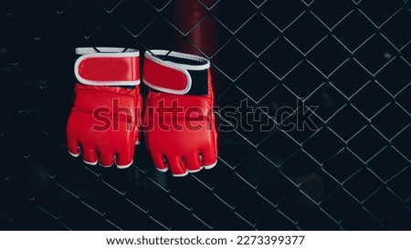 Red Gloves for MMA Boxers fighter hang on ring octagon black wall. Concept sport banner. Royalty-Free Stock Photo #2273399377