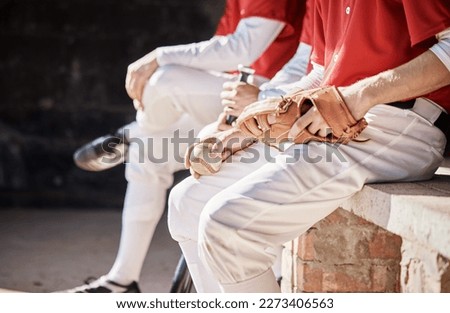 Men, hands or baseball glove on team, sports or stadium bench for game, match or teamwork challenge. Softball, athlete or players with mitt, bat or equipment for fitness, exercise or training workout Royalty-Free Stock Photo #2273406563