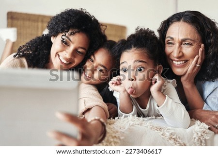 Funny, black family home and selfie with mother, kids and grandmother with happy bonding on bed. African children, mama and grandma with social media, profile picture and comic happiness with tablet