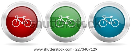 Bicycle vector icon set. Red, blue and green silver metallic web buttons with chrome border