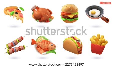 Fast food, street food 3d vector icon set. Pizza, roasted turkey, hamburger, scrambled eggs, brocheta, fried fish, tacos, french fries Royalty-Free Stock Photo #2273421897