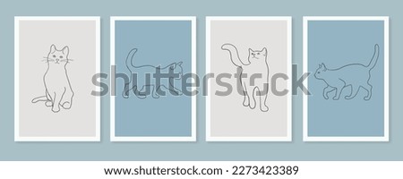 Outline cats on blue background in line art style. Animals vector illustration in minimalist style.