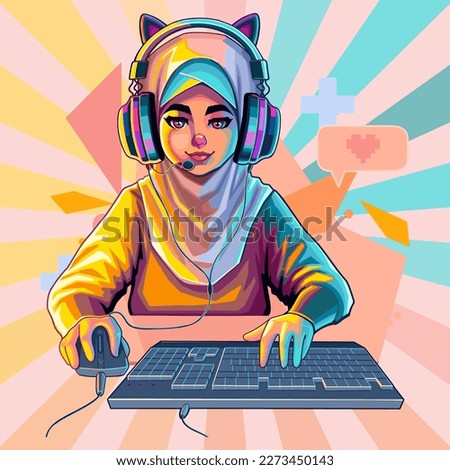Muslim girl gamer or streamer with cat ears headset sits in front of a computer with her mouse and keyboard. Cartoon anime style. Vector character isolated on white background