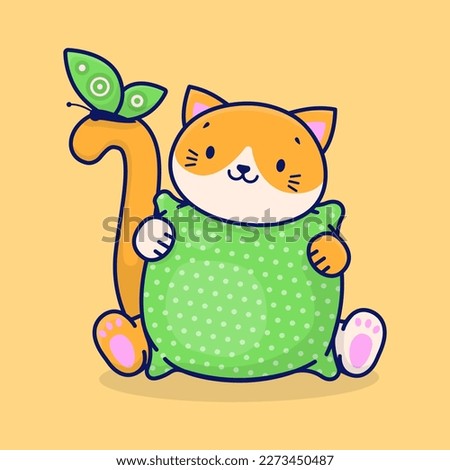 A cute cartoon ginger cat holds a green pillow in its paws. Cat and butterfly. Vector illustration.
