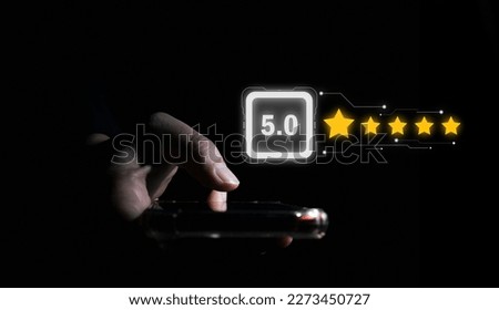 Satisfaction and customer service concept, businessman rating five stars via smartphone