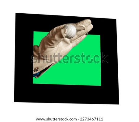 A white gloved hand holding a golf ball, framed in black.  Isolated on white.