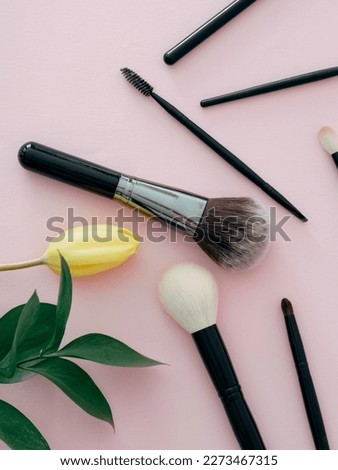 Set of cosmetic brushes on a pink background. Makeup brushes. Makeup tool. Beauty concept. Place for text. Copy space. Flat lay.