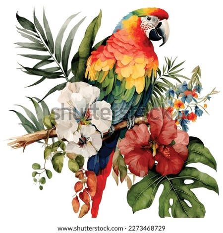 cute cartoon parrots illustrations with different palm and monstera leaves in bright colors. Vector illustration of parrot on white background Royalty-Free Stock Photo #2273468729