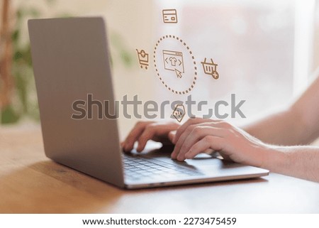 Man using laptop with E-Commerce online shopping business concept. High quality photo